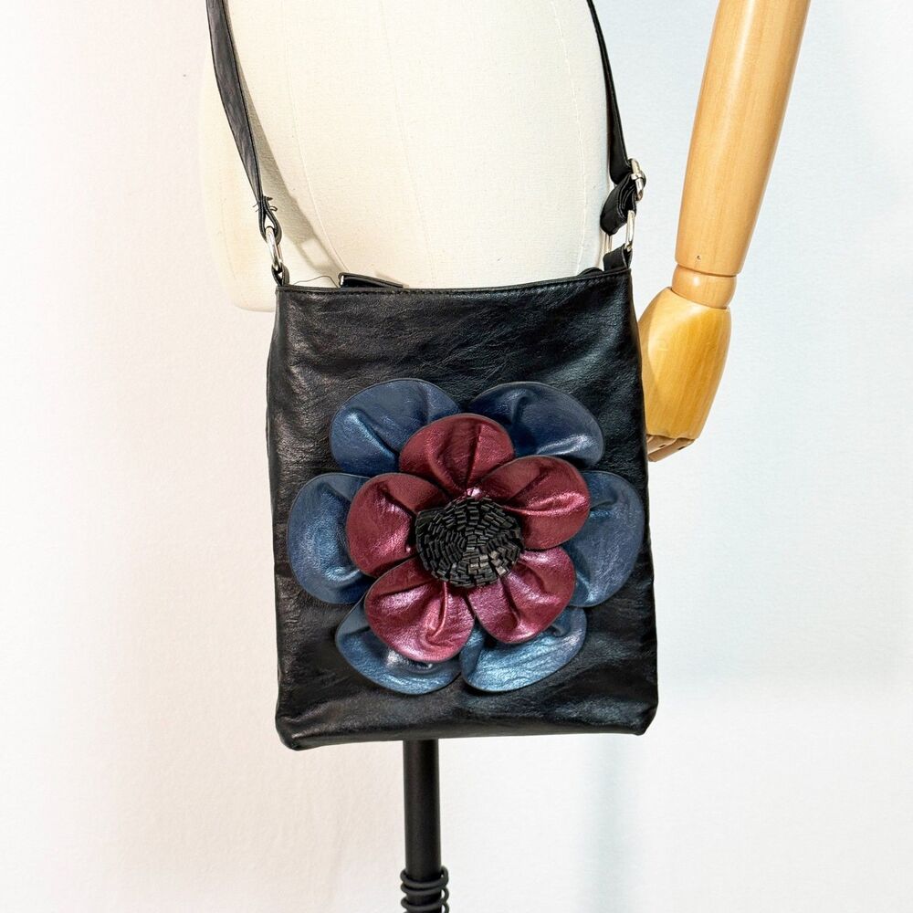 Boutique to U | Crossbody Floral Bag | Black with Jewel Tone Flower - Picture 2 of 7